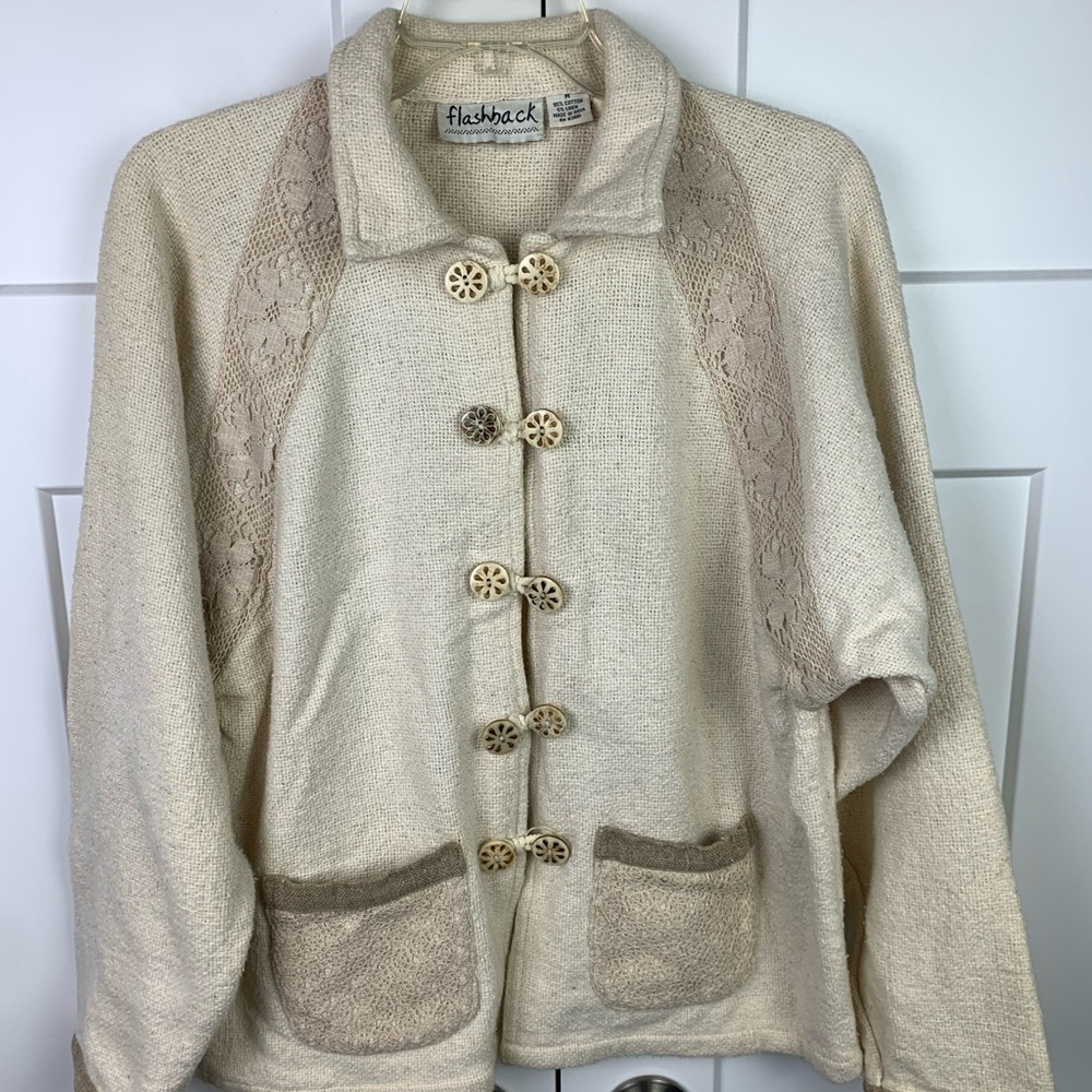 Vintage MEDIUM Button Front Sweater Jacket Lace Art To Wear Cottagecore Granny - Picture 2 of 9